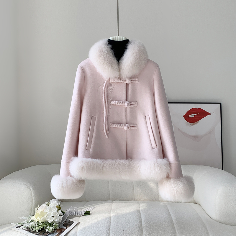 2024新款进口狐狸毛毛领鹅绒羽绒服女双面尼园领款国风皮草外套