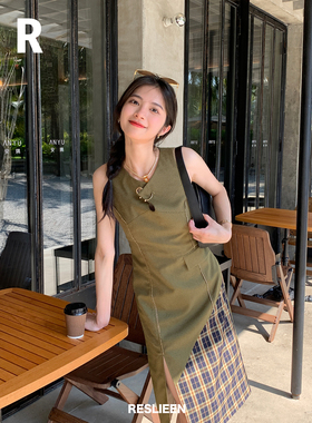 RESLIEEN「西西弗斯」格纹拼接复古时髦dvn文艺高级感设计背心裙