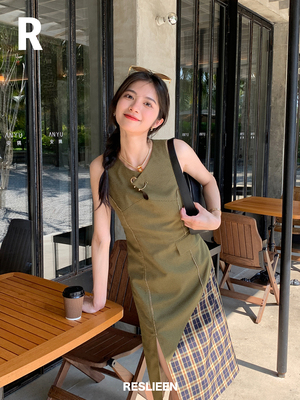 RESLIEEN「西西弗斯」格纹拼接复古时髦dvn文艺高级感设计背心裙