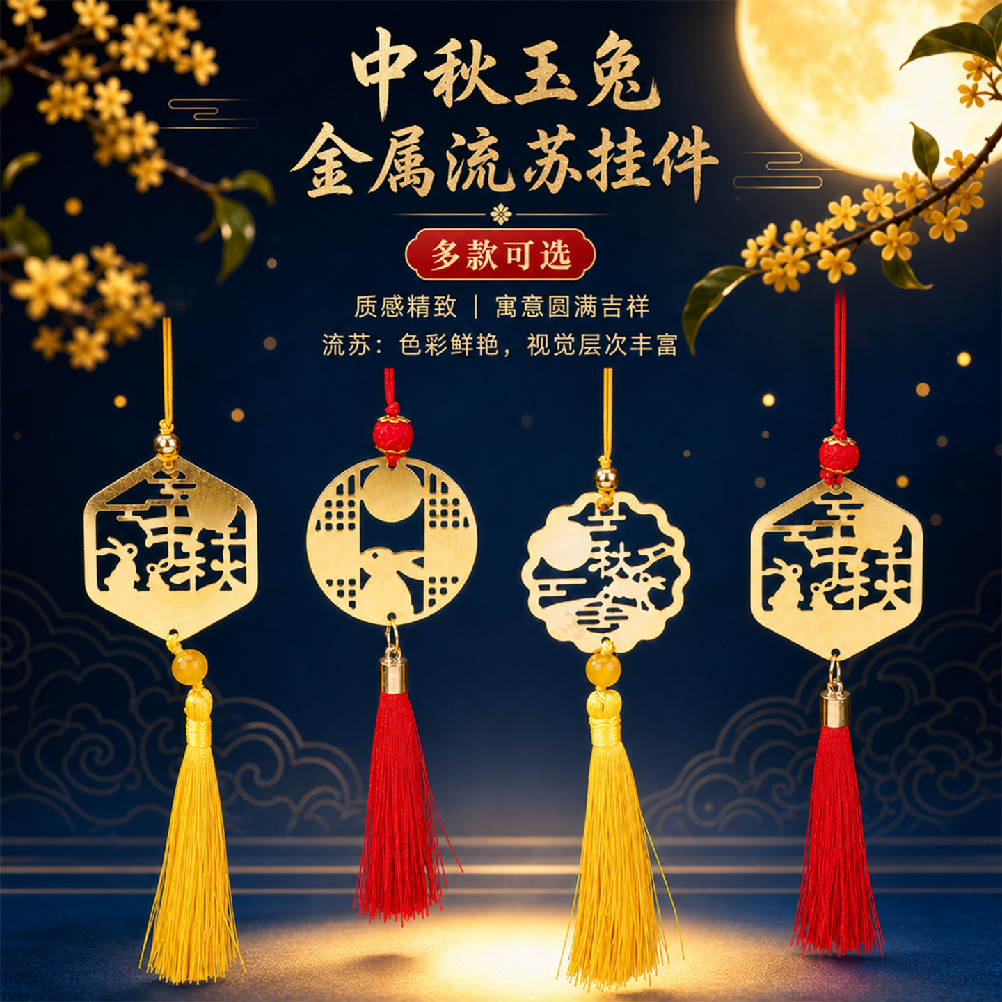 中秋玉兔金属流苏挂件多款式圆