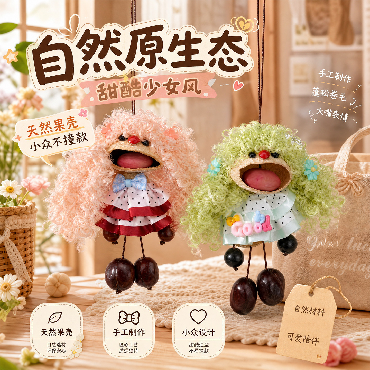 棉花糖卷毛大嘴娃娃果壳挂件蓬松卷毛小众创意摆件包包挂坠小配件