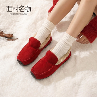 西村名物2025冬季新款真皮毛毛鞋加绒保暖平底豆豆鞋一脚蹬棉鞋