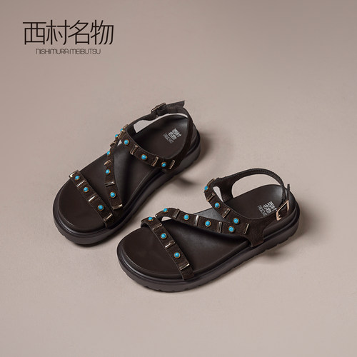 西村名物复古串珠厚底罗马凉鞋