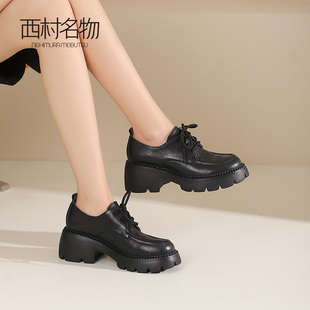西村名物2025新款英伦风粗跟厚底女通勤乐福小皮鞋真皮软底不累脚