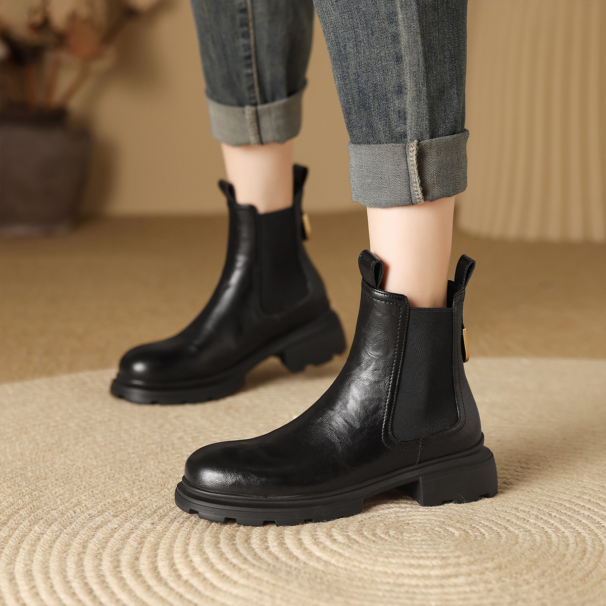 复古粗跟短靴女切尔西靴