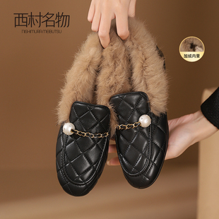 西村名物冬季新款一脚蹬加绒单鞋棉鞋豆豆鞋法式小香风毛毛鞋外穿