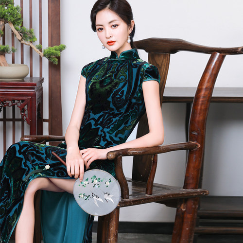 丝绒走秀旗袍网红礼服舞蹈旗袍