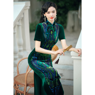 妈妈装 宴会礼服女 高端走秀墨绿色丝绒长款 江南春天旗袍2026年新款