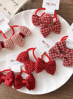 韩版甜美充棉格子蝴蝶结儿童高弹力发绳发圈女童百搭红色喜庆发饰