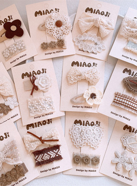 儿童发饰奶白系棉麻复古蕾丝蝴蝶结爱心花朵刘海夹女宝宝森系bb夹