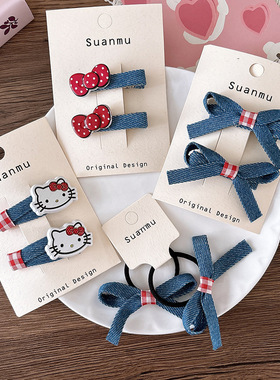 韩版可爱红色蝴蝶结布艺牛仔儿童压夹侧边bb夹女孩百搭发绳发饰