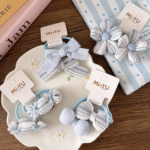 甜美蓝色系条纹布艺蝴蝶结儿童高弹力发绳女孩百搭温柔花朵皮筋