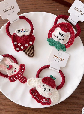 韩版秋冬可爱卡通毛线针织红色系儿童马尾头绳发圈女童兔子皮筋