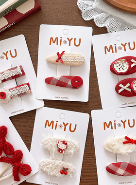 新款甜美百搭红色系格子女孩侧边掰掰夹百搭显白布艺蝴蝶结发夹