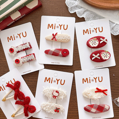 新款甜美百搭红色系格子女孩侧边掰掰夹百搭显白布艺蝴蝶结发夹