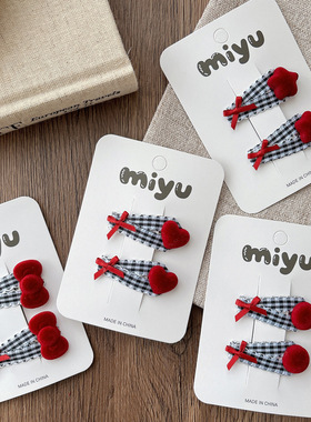 韩版甜美格纹bb夹红色植绒蝴蝶结女孩侧边发夹发卡刘海发饰