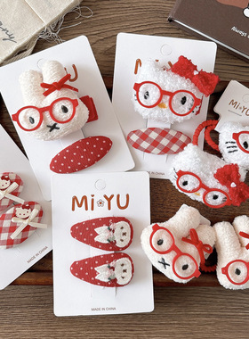 新款可爱卡通红色系格子立体兔子发夹发卡玩偶猫咪侧边压夹发绳