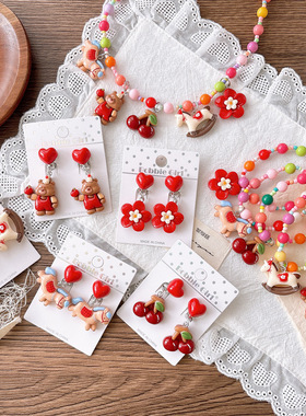 韩版可爱卡通小公主红色耳夹小号爱心儿童防夹耳环喜新年女童项链