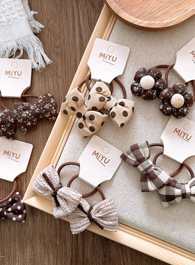 韩版布艺充棉蝴蝶结儿童米咖色发圈百搭甜美波点碎花女童发绳皮筋