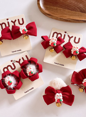 毛绒可爱猫耳朵发夹圣诞红色蝴蝶结发卡甜美刘海夹秋冬侧边夹发饰