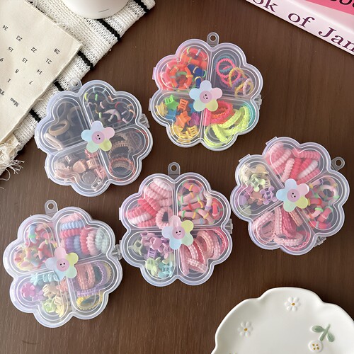 儿童花朵盒装发绳套装女童高弹力不伤发皮筋小童彩色头绳抓夹发夹