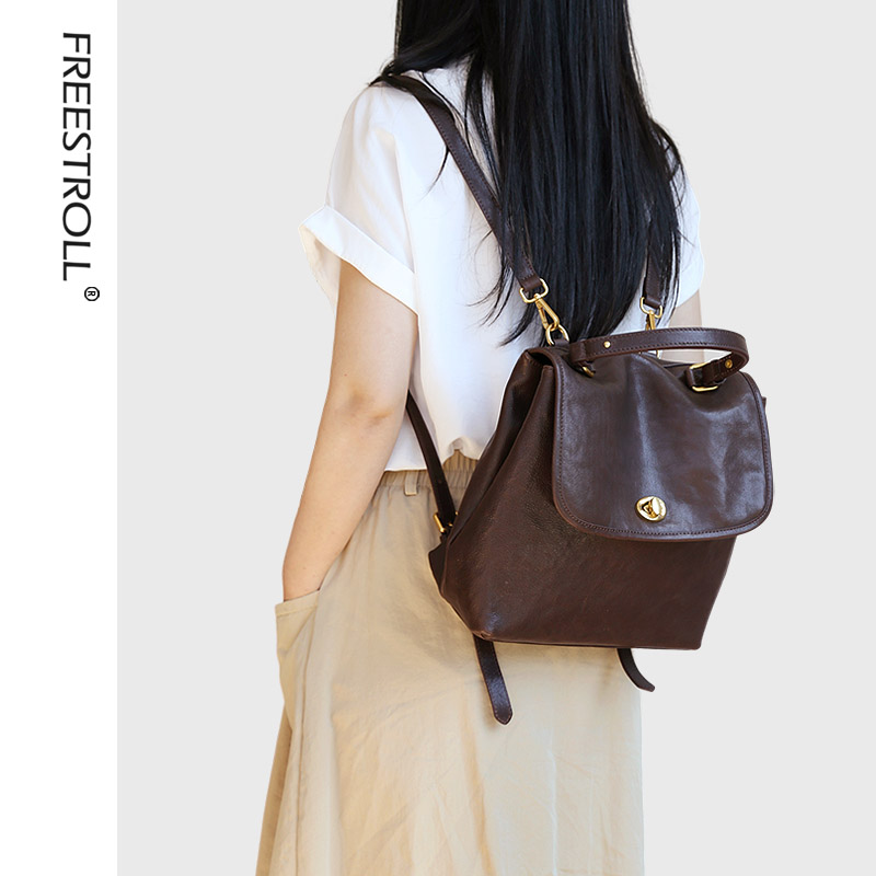 自由漫步植鞣牛皮双肩包真皮