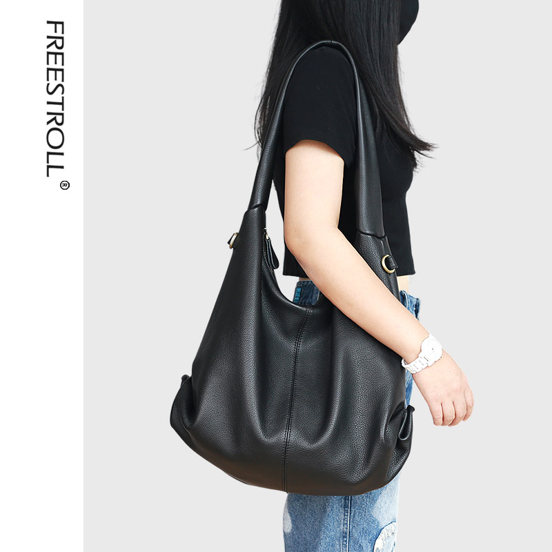 松弛感真皮单肩斜挎大包慵懒风