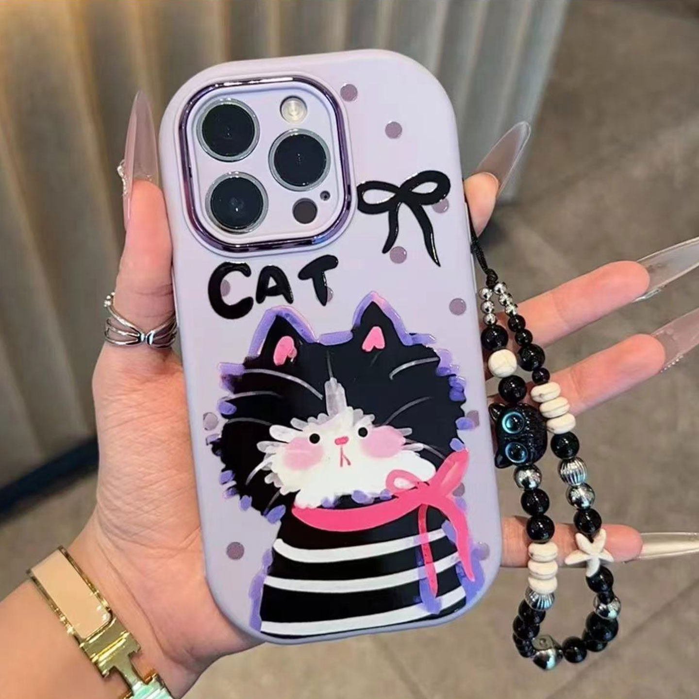 潦草小黑猫挂绳新款适用苹果17Pro手机壳iPhone16max小米15华为mate80pura70k60nova14荣耀400x200oppofindx8