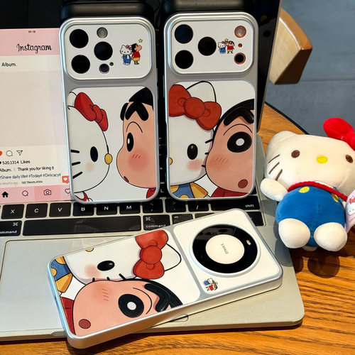 情侣油画贴脸对视小新适用苹果17pro手机壳iPhone16max13小米15华为mate70pura90K80note14荣耀500x300magic7