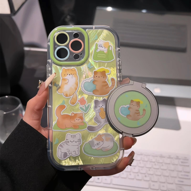 绿色系猫咪支架新款适用苹果16pro手机壳iPhone14max华为mate70p50小米15k60荣耀vivox200nova13reno12iqoo11