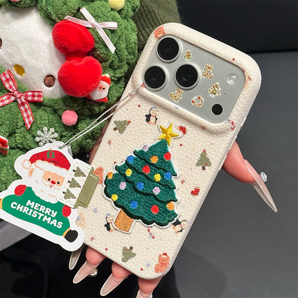 刺绣圣诞树标签新款适用苹果17Pro手机壳iPhone16max小米15华为mate80pura70k80Reno14荣耀400vivox100magic7