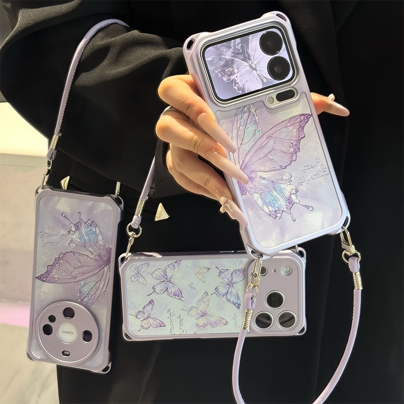 梦幻紫蝴蝶挂绳新款适用苹果17Promax手机壳iPhone16pro小米15华为mate80pura90k90nova14荣耀500x200reno13