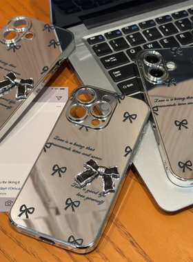 镜面电镀银黑色蝴蝶结高级适用苹果16Pro手机壳iPhone14max华为mate60小米15p70reno13k50nova12荣耀vivox100