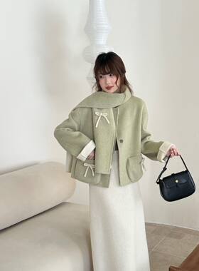 围巾韩版2026新款廓形甜美风撞色双面羊毛大衣蝴蝶结短款外套女