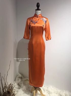 原创新中式夏姿橙色真丝纯手工苏绣刺绣精细绣鹭鸶旗袍修身连衣裙