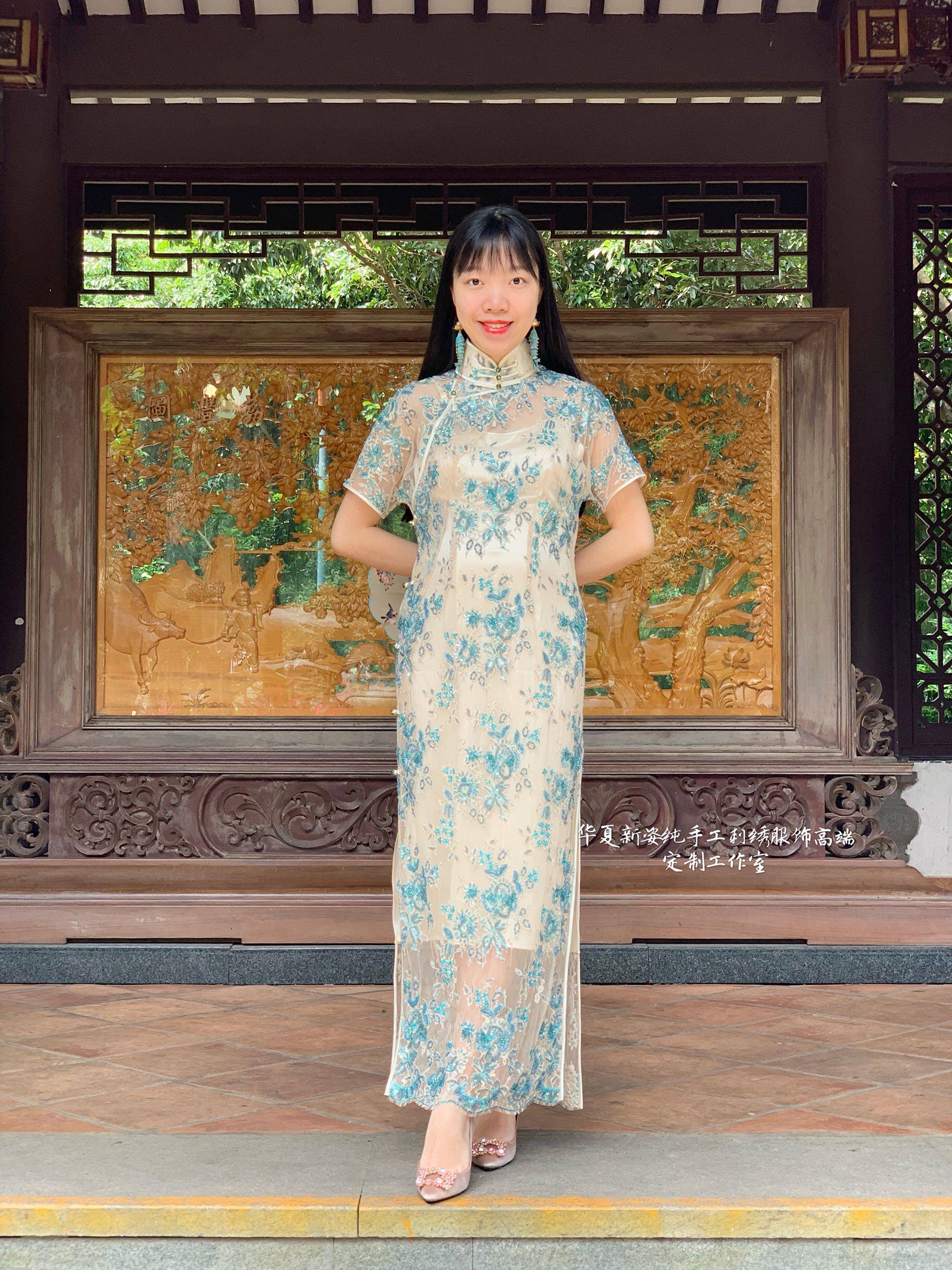 原创新中式夏姿法国高定工坊进口蕾丝钉珠面料透视旗袍礼服连衣裙