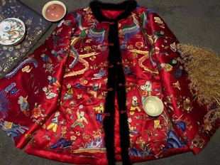 中国风复古明制汉服明皇后大红真丝手工苏绣京绣百子游龙旗袍外套