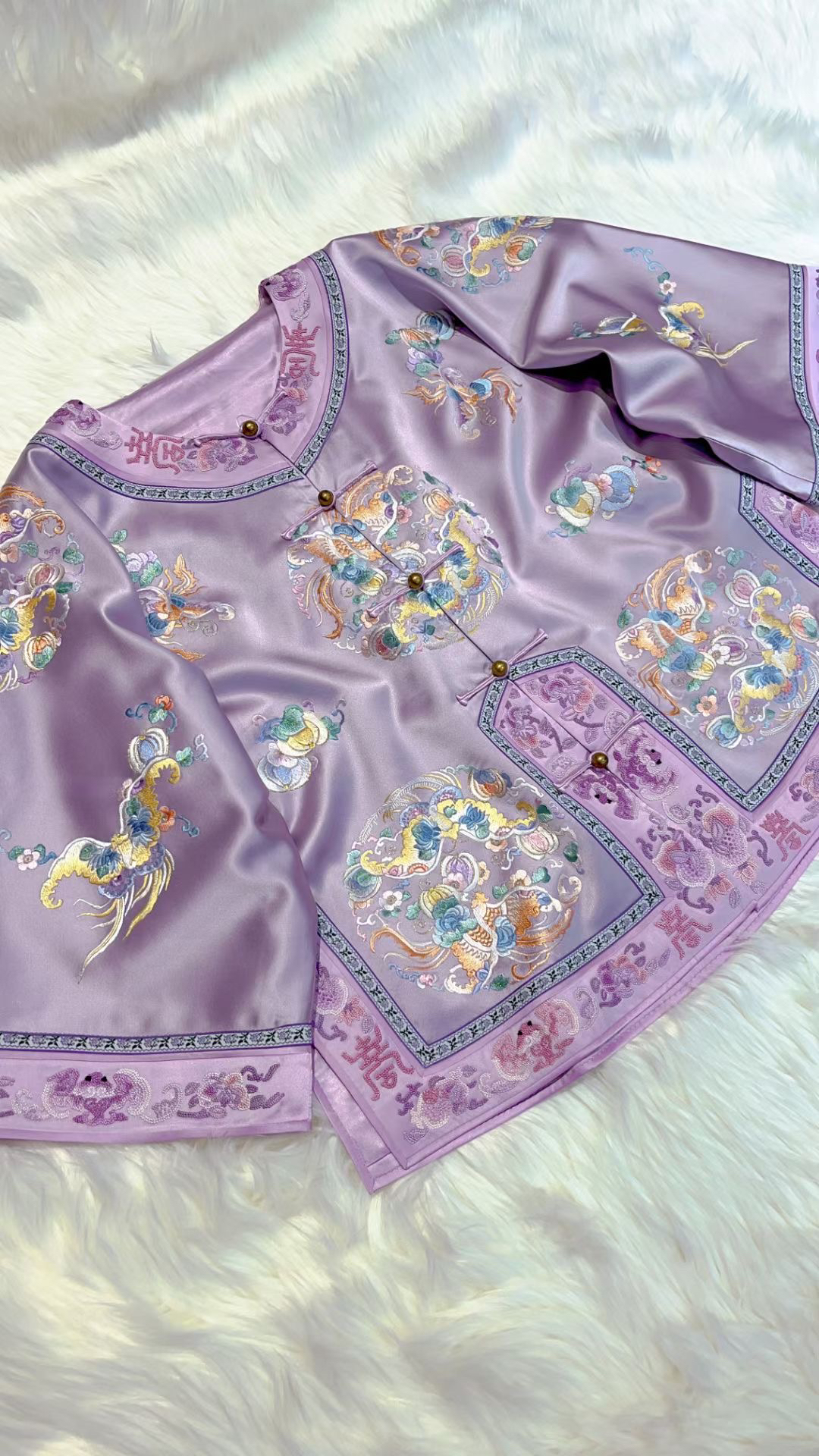 新中式国风清宫娘娘紫色真丝手工苏绣刺绣福蝶团花旗袍氅衣外套女