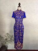 原创新中式 夏姿宝蓝色真丝纯手工苏绣盘金绣海浪纹旗袍礼服连衣裙