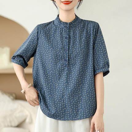 广东普宁纯棉短袖衬衫女款夏2025新款轻奢高级感妈妈宽松上衣小衫