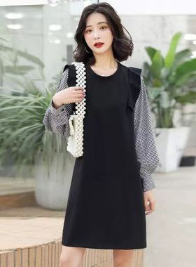 妃蝶轩【断码清仓】大码女装春秋季时尚优雅长袖拼接连衣裙 6002