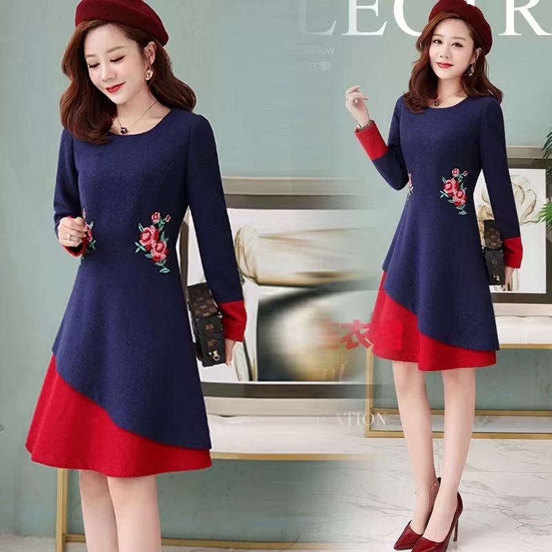 妃蝶轩【断码清仓】秋冬季时尚奢华加厚刺绣毛呢连衣裙女 Z1795