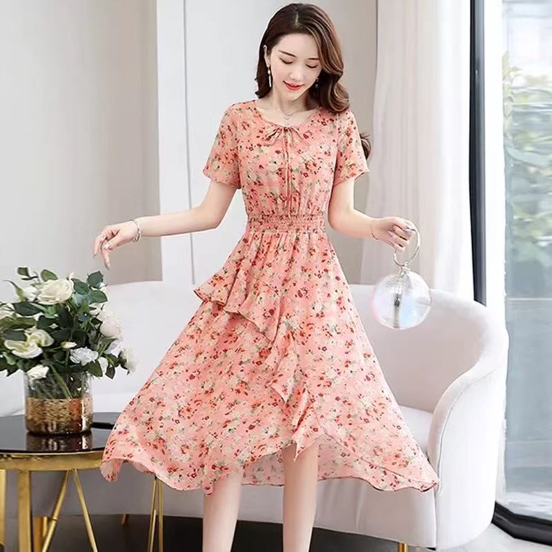 妃蝶轩【断码清仓】大码女装春夏季时尚优雅印花系带连衣裙 331