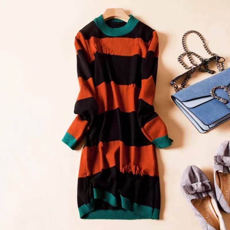 妃蝶轩【断码清仓】女装秋冬季中长裙子长袖毛衣针织连衣裙 47B