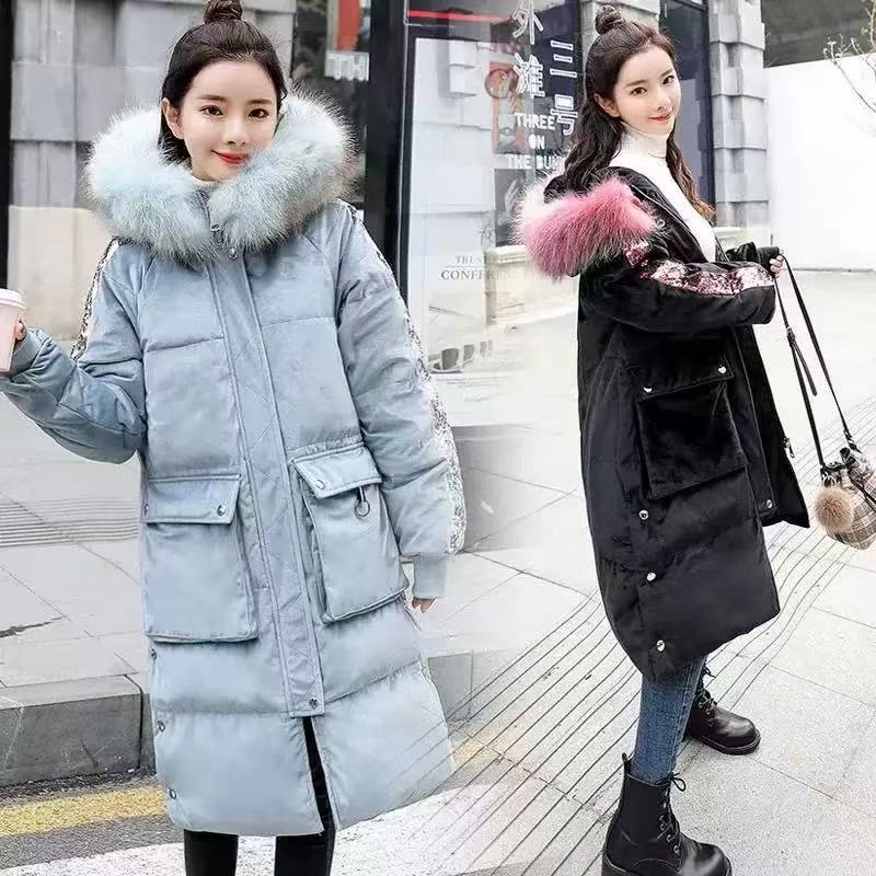 妃蝶轩【断码清仓】大码女装秋冬季中长款时尚潮金丝绒棉衣 Z1858