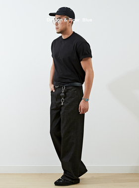 13oz 原牛色美式复古工装clenfit直筒宽松微喇黑色蓝色牛仔裤男女