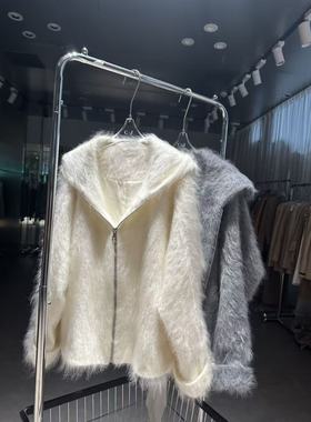 连帽开衫冬季拉链显瘦蝙蝠侠 羊绒羊毛拉绒大衣韩版网红白色百搭