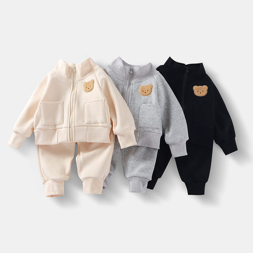 儿童运动服套装秋冬款男女宝宝可爱简约舒适加绒保暖运动衣两件套