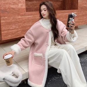 加厚羊羔毛皮毛一体外套女2024冬中长款粉色学生超好看韩系温柔风图片
