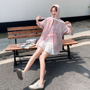 防晒连帽粉色格子衬衫外套女春秋2025新款减龄超好看独特漂亮上衣图片